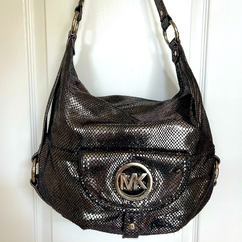 Michael Kors purse-gunmetal color with sequined leather texture-E-1109